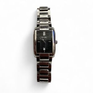 Fossil Silver-Tone Watch with Black Rectangular Dial